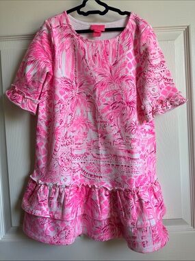 Lilly Pulitzer Girls Pink Tropical Print Ruffle Dress